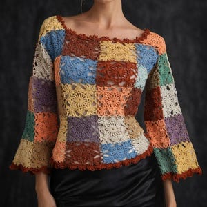 Avantgardistisches Couture Häkel-Top – handgefertigtes Patchwork Unikat | Exklusiv-Masche