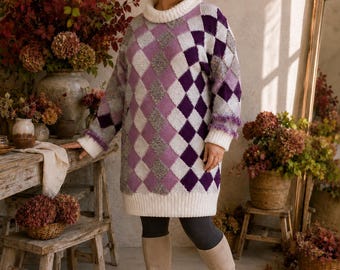 Entrelac Strickkleid Unikat Gr. L/XL – Materialmix Longpullover Tunika im Rautenmuster | Handmade Statement Dress - one of one