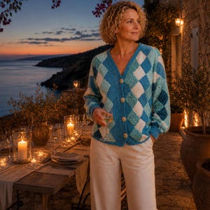 Harlequin Entrelac  Knit Cardigan One of One Size M – Handmade Patchwork Statement Piece Blue White