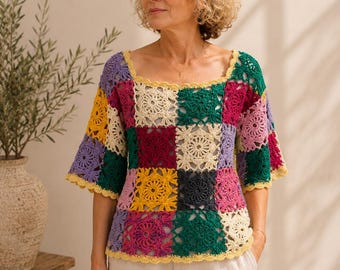 Exklusiv-Masche Granny Square Häkelpullover Damen 50+ Boho Couture Unikat Bunt Handmade Crochet Top Gr. M/L