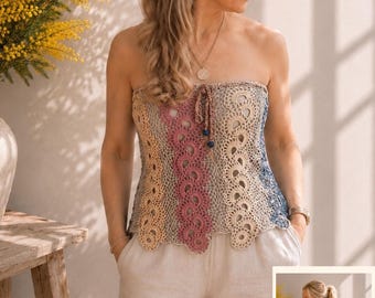 Gonna e top all'uncinetto 2 in 1, taglia M/L, in cotone lurex – Realizzati a mano, stile boho estivo unico con perline di legno.