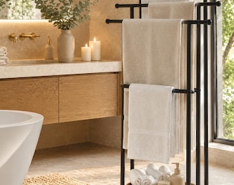 Freestanding Towel Rack with Basket, Black Bathroom Towel Stand