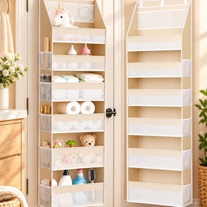 May include: Two beige over-the-door hanging organizers with multiple tiers and white mesh pockets. The organizers feature metal hooks for door mounting and are filled with various household items including bottles, toys, and paper rolls.