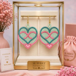 Infinity Heart FSL Earrings – Machine Embroidery Design – Love Heart Lace Earrings – Romantic Freestanding Lace Embroidery File – PES DST