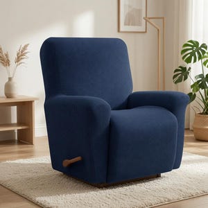 May include: A navy blue recliner chair featuring a textured, grid-patterned fabric cover. The chair has a high backrest, padded armrests, and a wooden handle located on the side for adjusting the reclining mechanism, all set on a sturdy base.