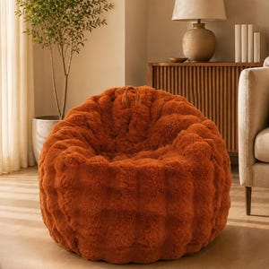 May include: A round, rust-colored bean bag chair featuring a plush, faux fur texture with a grid-like tufted pattern. The chair has a soft, rounded silhouette and includes a small, matching fabric handle at the top center for easy movement.