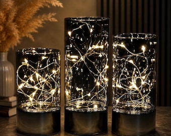 Flameless Candle Lantern Set, Glass Cylinder Lanterns, Battery Operated Fairy Lights, Timer Candle Decor, Table Lamp Centerpiece, Home Decor