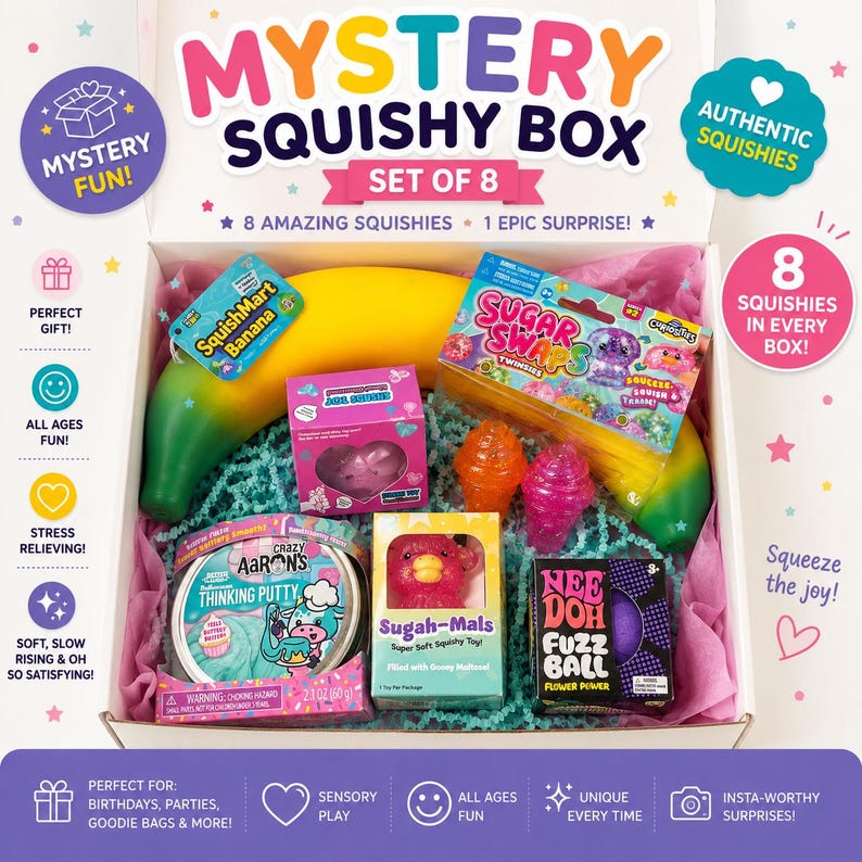 May include: A white box labeled Mystery Squishy Box Set of 8 containing a yellow banana, a pink heart-shaped box, a Sugar Swaps package, two small orange and pink cones, a Crazy Aaron's Thinking Putty tin, a Sugah-Mals box, and a Nee Doh Fuzz Ball.