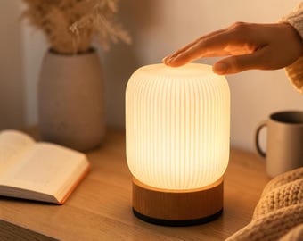 Japandi Cordless Bedside Lamp, Dimmable Touch Night Light, Rechargeable Type-C Table Lamp, Wooden Base, Warm Ambient Bedroom Lighting