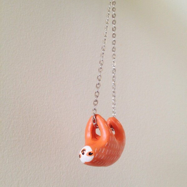 Sloth Necklace Orange.  with Hand Sculpted and Painted Polymer Clay Pendant