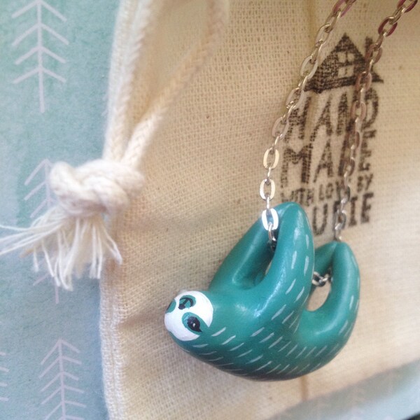 Sloth Necklace Turquoise. with Hand Sculpted and Painted Polymer Clay Pendant
