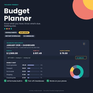 Planer budżetu ADHD | Arkusz kalkulacyjny Google w trybie ciemnym (do pobrania w wersji cyfrowej)