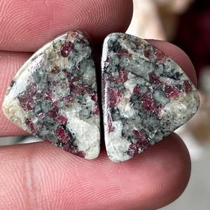 Può includere: Due pietre preziose levigate di forma triangolare con un motivo maculato di inclusioni minerali rosso scuro, grigio chiaro e bianco. Le pietre presentano una superficie liscia e lucida con texture cristalline visibili in tutto il colore.