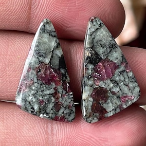 Può includere: Due pietre preziose lucidate di forma triangolare caratterizzate da un motivo maculato di inclusioni minerali bianche, grigie e nere con prominenti grappoli cristallini color magenta scuro incastonati sulla superficie di ogni pietra.