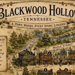 May include: A vintage-style illustrated map of Blackwood Hollow, Tennessee, featuring a black raven, a winding river, numbered buildings, and the text: A Town Where Every Story Lingers. Founded in 1858, Every street has a story, Every building a memory.