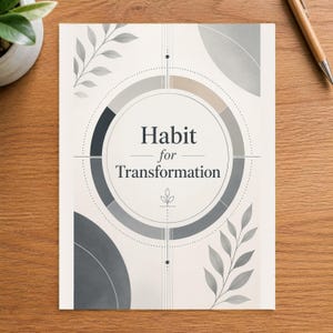 May include: A rectangular print featuring the text Habit for Transformation centered within a circular graphic. The design includes muted gray and beige tones, abstract leaf illustrations, and thin geometric lines on a light background.