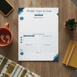 May include: A white weekly planner sheet with dark blue text and accents. The header reads Weekly Notes & Goals. Sections include Weekly Notes, Top 3 Priorities, Professional Goal, Personal Goal, Next Week Focus, and Reflection with lined spaces.