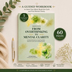 Puede incluir: Un libro de ejercicios titulado From Overthinking to Mental Clarity de Abrilenta. La portada verde claro presenta nubes amarillas y verdes estilo acuarela, una ilustración de trébol y texto que indica 5 ilustraciones para colorear y 60 páginas.
