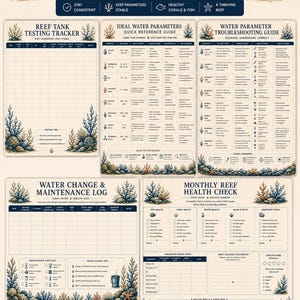 May include: A Reef Water Testing and Maintenance Kit featuring five printable pages with coral illustrations. Includes a Reef Tank Testing Tracker, Ideal Water Parameters Quick Reference Guide, Water Parameter Troubleshooting Guide, Water Change and Maintenance Log, and a Monthly Reef Health Check.