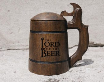 Lord of the Beer Wooden Beer Mug with Lid – LOTR Inspired Fantasy Tankard, Gift for Fantasy Lover