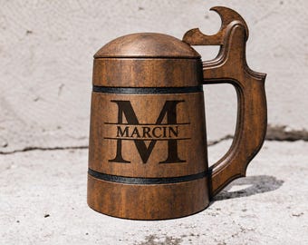 Personalized Oak Beer Mug with Lid, Custom Name Wooden Tankard 550ml, Engraved Beer Stein, Gift for Him | Father's Day Gift