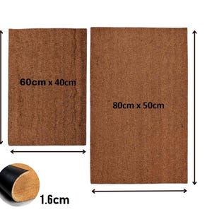 May include: Two rectangular brown coir doormats with a textured surface. One mat is labeled 60cm x 40cm and the other 80cm x 50cm. A circular inset shows the side profile of the mat with a black backing and a thickness labeled as 1.6cm.