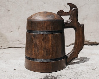 Beautiful Oak Beer Mug with Lid – Handmade Wooden Tankard, Unique Beer Gift for Him