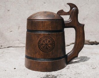 Vegvisir Oak Beer Mug with Lid – Viking Wooden Beer Stein | Norse Symbol Mug | Viking Gift | Norse Mythology Gift