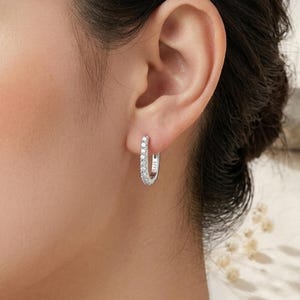 Rectangle CZ Huggie Earrings, 925 Sterling Silver Paperclip Hoop Earrings for Women, Stamped S925 Crystal Bar Hoops, Gift for Her