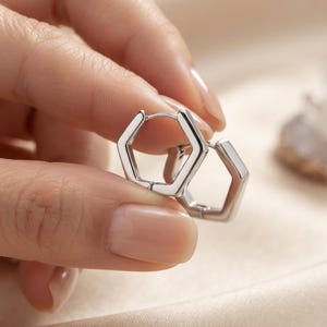 May include: A pair of small, silver-toned hoop earrings with a distinct hexagonal shape. The earrings feature a smooth, polished metallic finish and a hinged closure mechanism, designed to sit close to the earlobe with a clean, geometric profile.