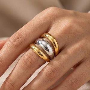 Grov guldring, lager-på-lager-ring, öppen spiralring, tvåfärgad statementring, kupolring i rostfritt stål för kvinnor