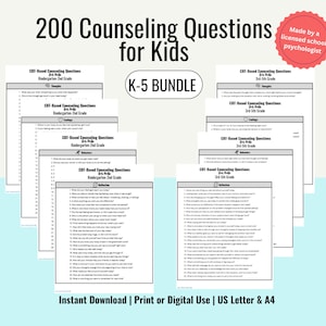May include: A digital bundle of 200 counseling questions for kids, featuring worksheets for kindergarten through 5th grade. The documents include sections for thoughts, feelings, behaviors, and reflection, formatted for US Letter and A4 paper sizes.