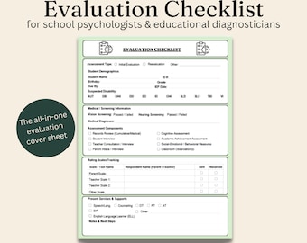 School Psychologist Evaluation Checklist, Educational Diagnostician Evaluation Cover Page, Printable Psychoeducational Eval Data Sheet