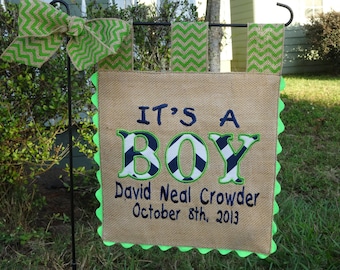 Burlap Garden Flag - It's a Boy  -Custom  Welcome Baby Embroidery Applique