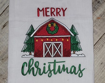 Merry Christmas Red Barn- Extra Large Embroidered Flour Sack Tea Towel - Ready to Ship
