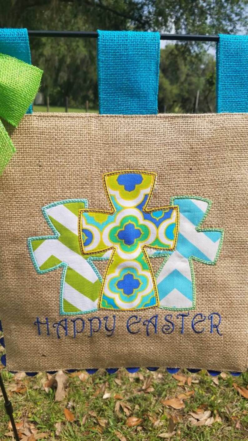 Burlap Garden Flag Easter Crosses Embroidery Applique Etsy