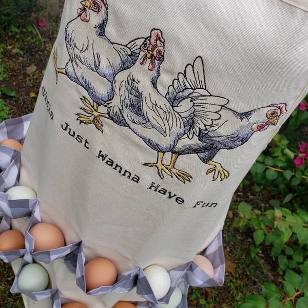 Girls Just Wanna to Have Fun - Egg Collecting Apron - Embroidered Canvas Apron - 12 pocket