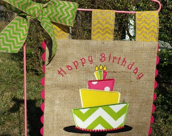 Burlap Garden Flag - Happy Birthday Cake -Custom - Embroidery Applique