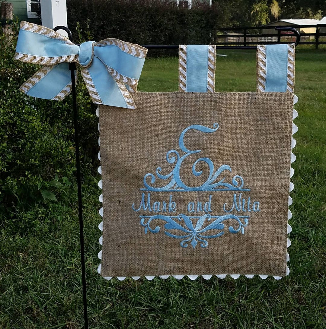 Custom Embroidery - Scrolled Letter Monogram Burlap Garden Flag ...