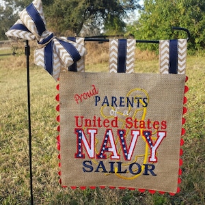 Custom Burlap Garden Flag - Proud Parents of United States Navy Sailor - Matching Chevron Tabs and Bow