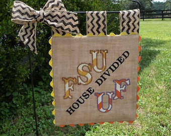 Custom House Divided Burlap Garden Flag - Collegiate Spirit - Football Game Day
