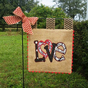 Burlap Garden Flag Valentines LOVE Custom Embroidery Applique image 1