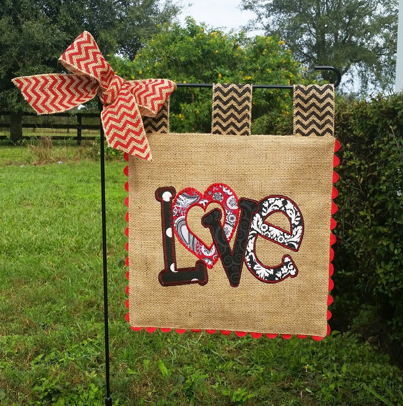 Burlap Garden Flag Valentines LOVE Custom Embroidery Applique image 1