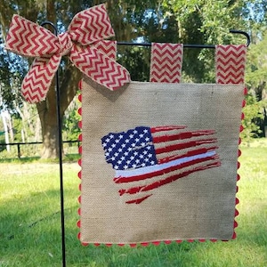 Old Glory - Tattered American Flag- Custom Embroidered Burlap Garden Flag -Farm House Decor - Matching Chevron Tabs and Bow