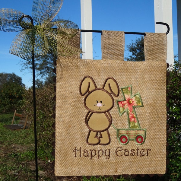 Burlap Garden Flag - Easter Bunny with Wagon- Embroidery Applique - Single sided