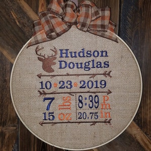 Custom Birth Stats- Embroidered Hoop Wall Art - customizable Nursery decor