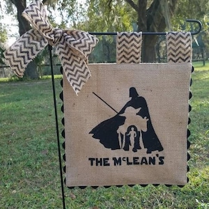Star Wars Family- Custom Embroidered Burlap Garden Flag - Farmhouse Decor - Matching Chevron Tabs and Bow