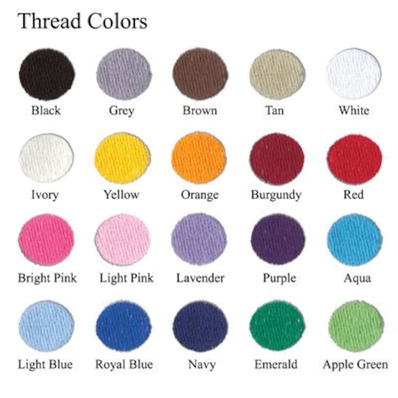 May include: A chart showing 18 different thread colors, including black, grey, brown, tan, white, ivory, yellow, orange, burgundy, red, bright pink, light pink, lavender, purple, aqua, light blue, royal blue, navy, emerald, and apple green.