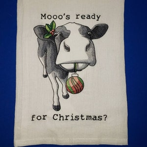 Moo's Ready for Christmas? - Bardzo duża haftowana ściereczka kuchenna z workiem na mąkę - Gotowa do wysyłki humor krowy