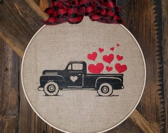 Retro Valentine Truck - Farmhouse Wreath - Embroidered Hoop Wall Art